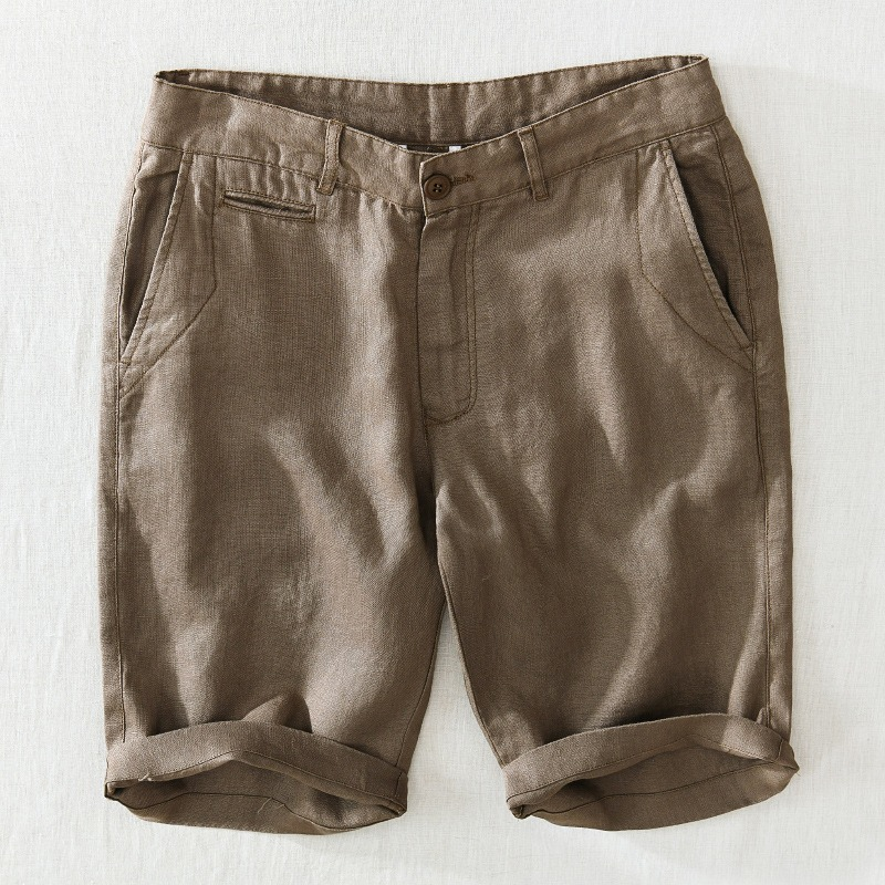Herren Freizeit Leinen Blend Shorts Gerade Kurze Hosen Knopf Massiv Dünn Mode