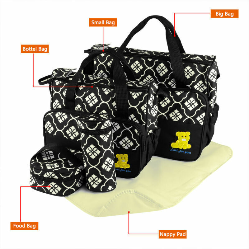5Pcs Baby Diaper Bag Mummy Travel Nappy Tote Bag Bottle Mat Multifunctional Set