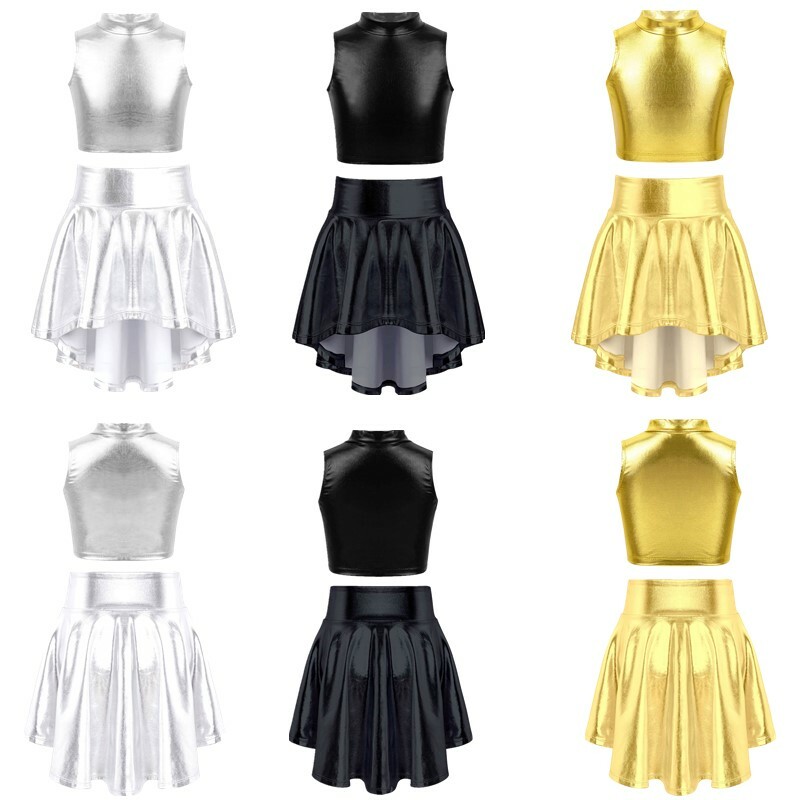 Girls Shiny Metallic Crop Top Pleated Skirt Ballet Dance Jazz