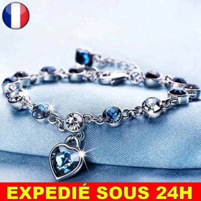 ✅ Bracelet Porte Bonheur Femme Coeur Cristal Bleu Bijoux Idée Cadeau Strass Rond