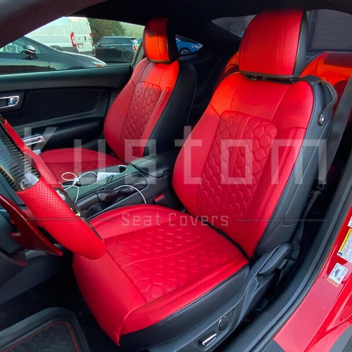 Kustom Black w/ Red Honeycomb Face Seat Covers Leather For Mustang Coupe 15-21