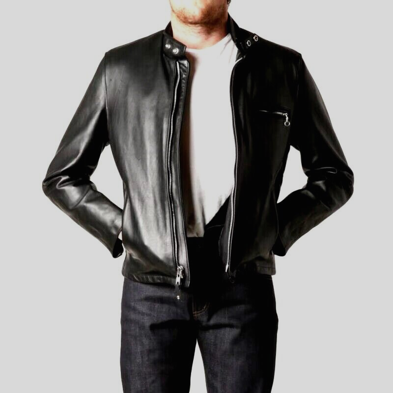 Mens Genuine Leather Jacket Black Cafe Racer Outerwear Winter Fashion Slim Fit