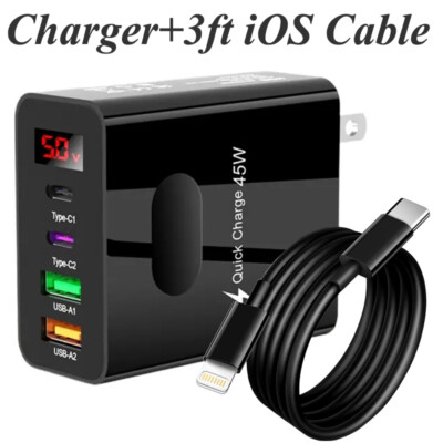 Dual PD Charger 45W 3.1A Fast Charge Dual 4 Port Wall Adapter For Samsung iPhone