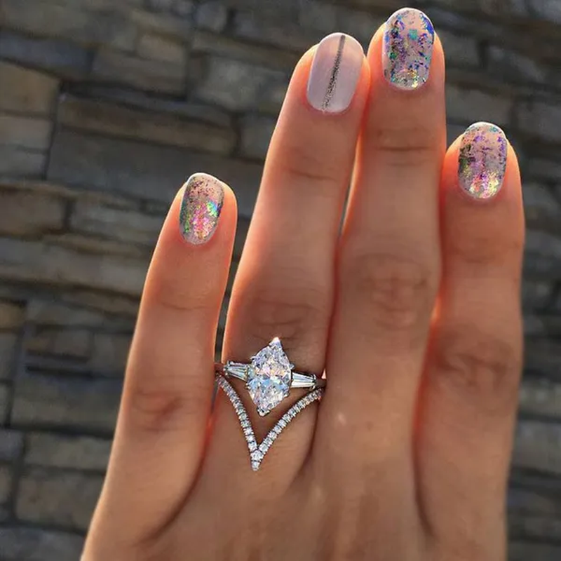 Unique Art Deco Marquise Cut Diamond Simulant Bridal Wedding Engagement Ring Set Anniversary Gift