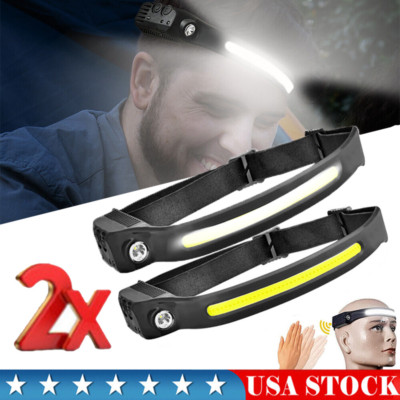 2PCS COB LED Headlamp Headlight Torch Work Light Bar Head Band Lamp USB Charging