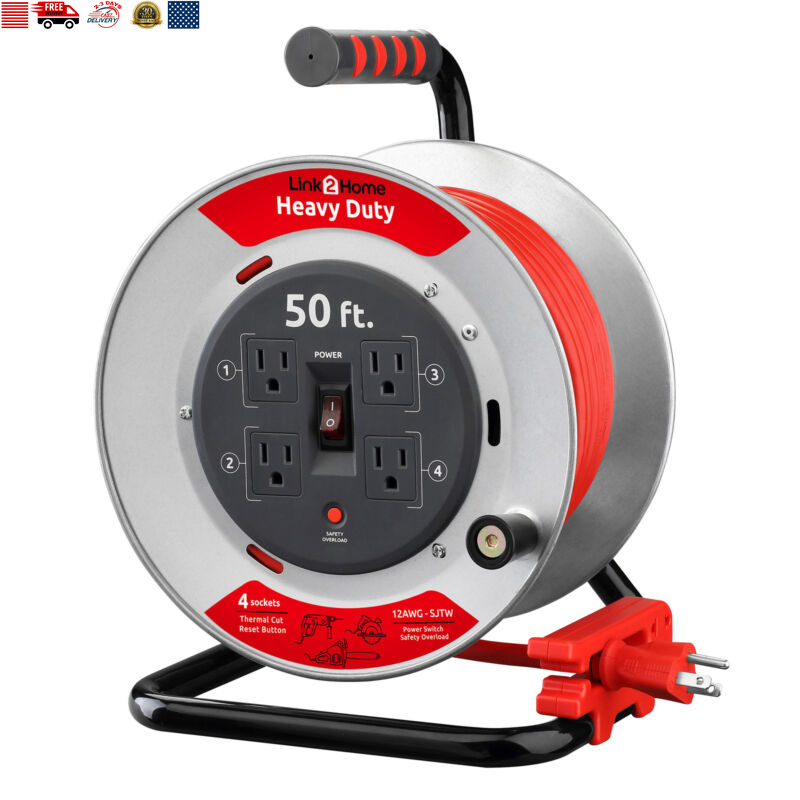 Link2Home Heavy Duty Professional Grade Metal Cord Reel – High Visibility 50 Ft.