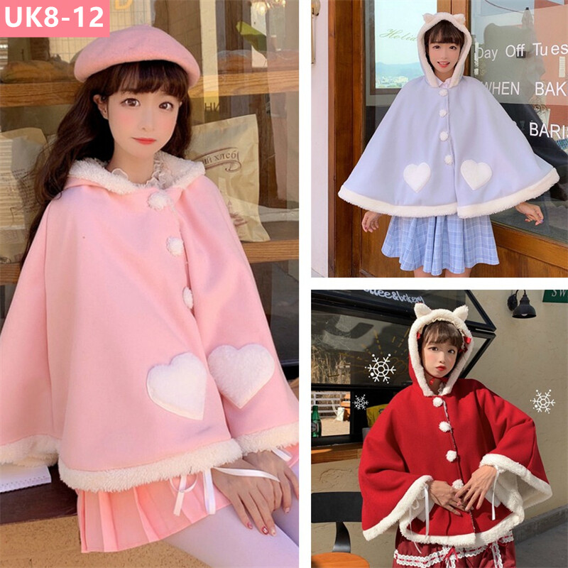 Girl Japanese Cape Kawaii Fleece Lining Ears Hooded Cloak