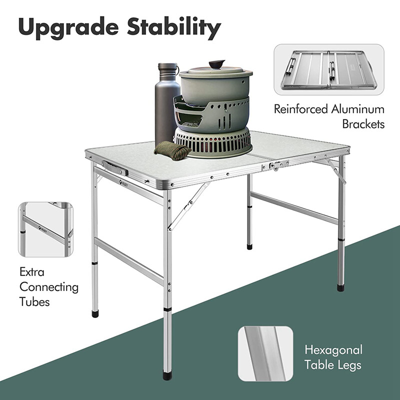 VILLEY Folding Camping Table Portable Outdoor Table w/Adjustable Leg 2ft/3ft/4ft