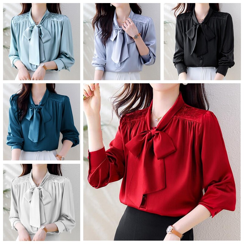 Women's Satin Blouse Shirt Floral Embroidery Bowknot Long Sleeve Tops Silky