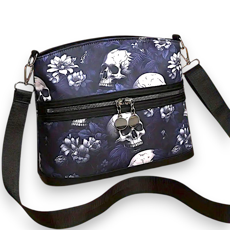 Gothic Skull Floral Crossbody Bag Women Multicolored Goth Adjustable Purse