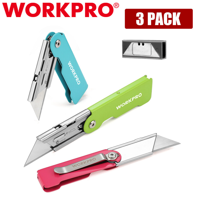 WORKPRO 3PC Compact Folding Utility Knife Box Cutter Clip Pocket Knife 10 Blades