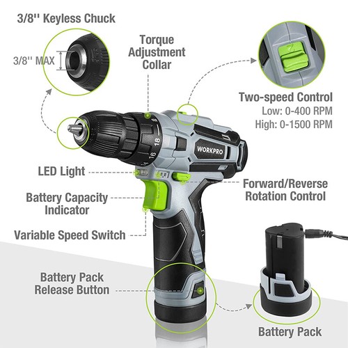 WORKPRO 12V Cordless Drill Driver Kit 3/8" Keyless Chuck Screwdriver Driver Tool