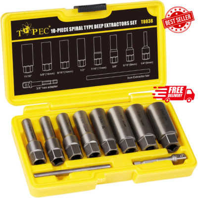 Topec 10-Piece Spiral Type Deep Bolt Extractor Set, Spark Plug Extraction Socket