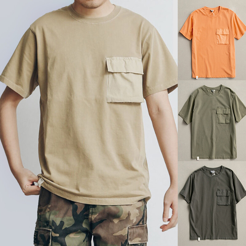 Mens Cotton Short Sleeve T-shirt Crew Neck Pocket Work Top Shirt Casual