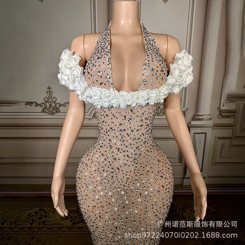 Pre-owned Cubic Floral Mermaids Evening Dresses Halter Beads Crystal Sheath Intricate In As Pic