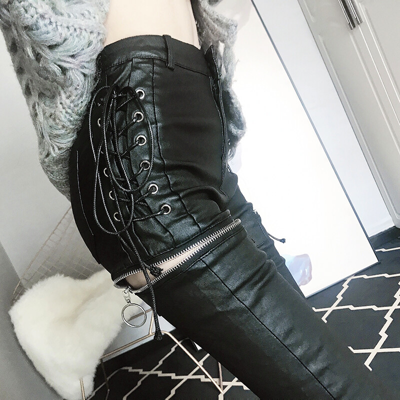 pantalons-crayon-slim-taille-haute-pu-noir-zip-lacets