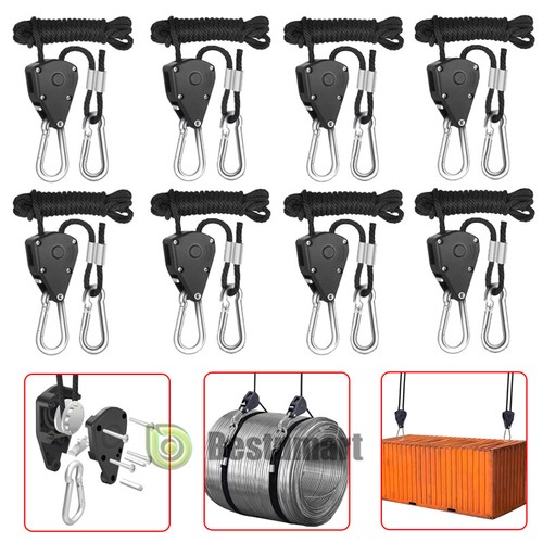 4Pairs 1/8" Grow Light Rope Heavy Duty Adjustable Clip Hanger 150lbs 8-Feet Long