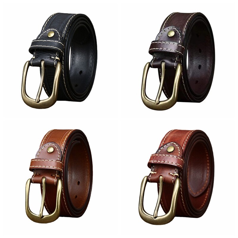 Men Casual Jeans Leather Belt Brass Buckle Western Cowboy Single Prong Belt