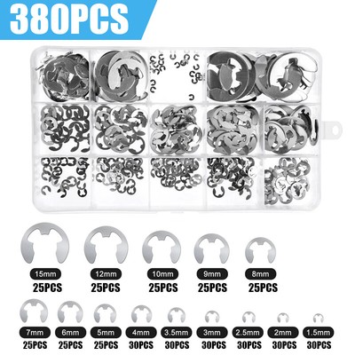 380Pcs Stainless Steel E-Clip Circlip Kit Retaining Ring Assortment Set 14 Sizes
