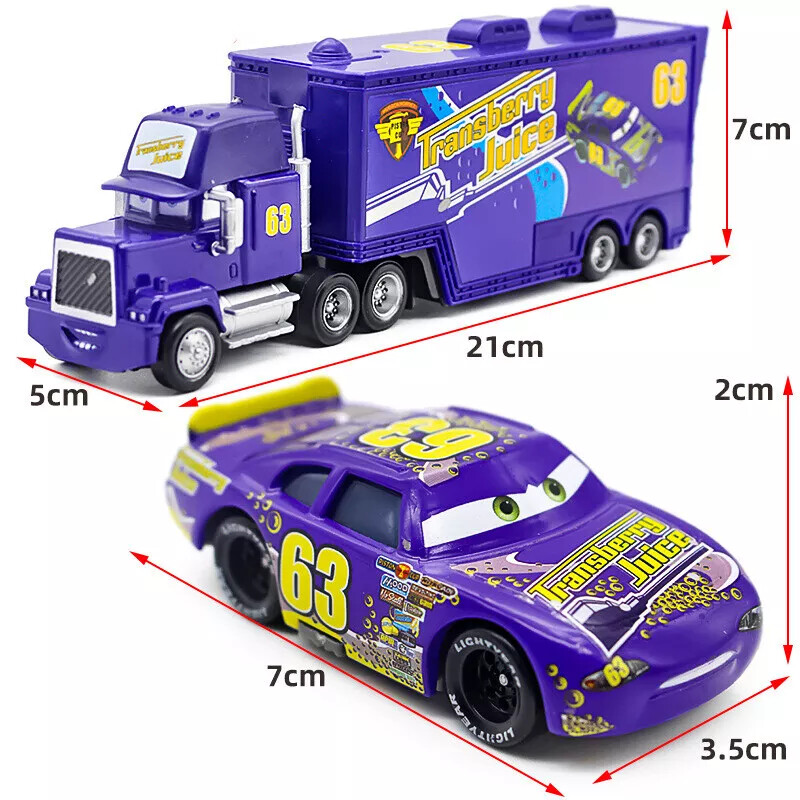 Set of 2 Disney Pixar Cars No.63 Transberry Juice Hauler Truck