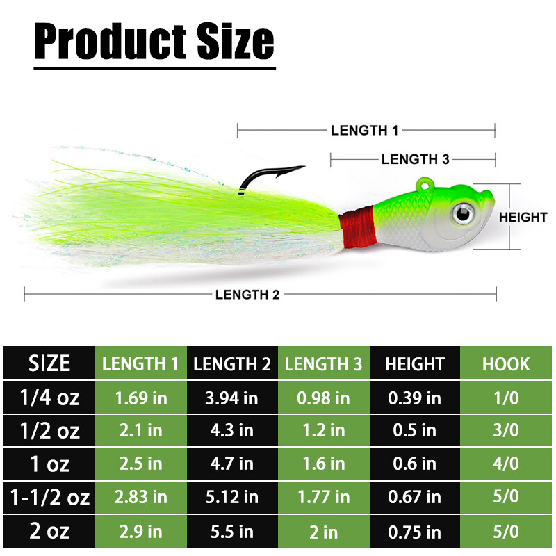 5 Pack Saltwater Bucktail Jigs Head Striper Fluke Bass Teaser Fishing Lure Bait