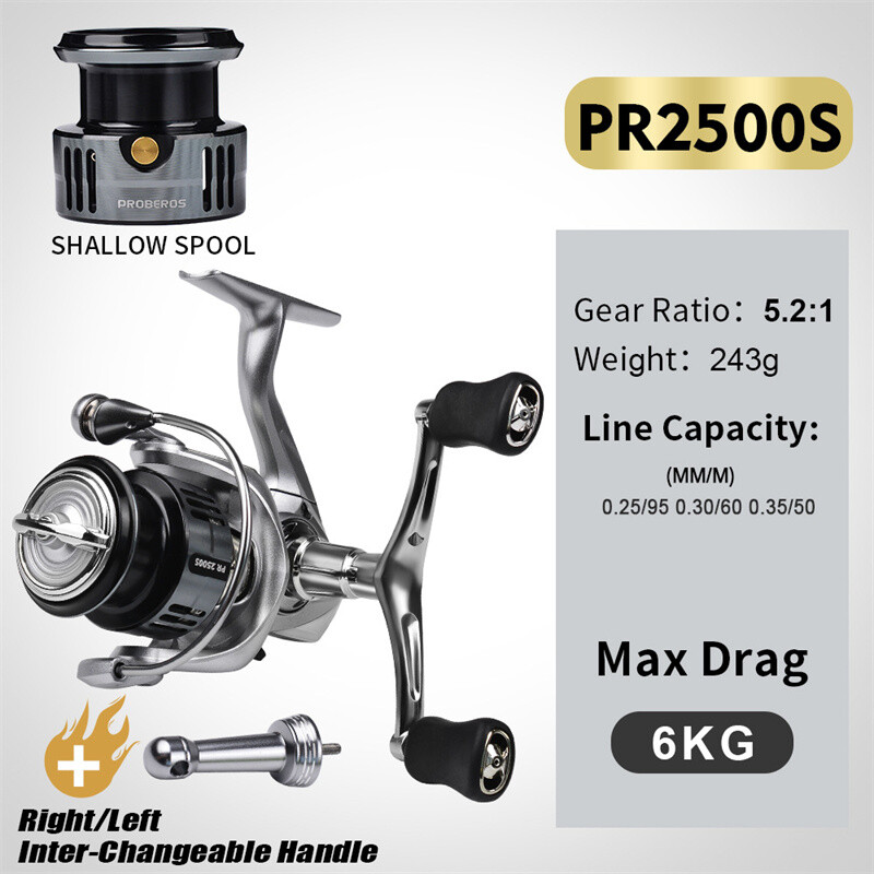 Shallow Line Cup Fishing Spinning Reel 7+1BB 5.2:1 Metal Spool Wheel Balance Bar