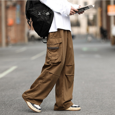 Mens Retro Cargo Pants Straight Solid Trousers Wide Leg Hip Hop