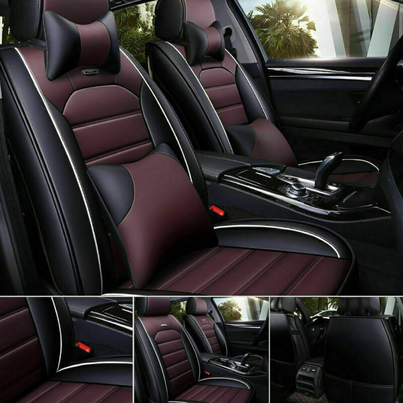 Deluxe Black/Beige Car Seat Cover Top PU Leather 5Sit
