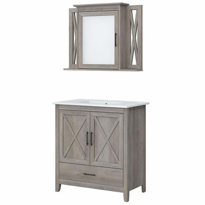 Pemberly Row Engineered Wood Bathroom Vanity Sink with Mirror in Driftwood Gray