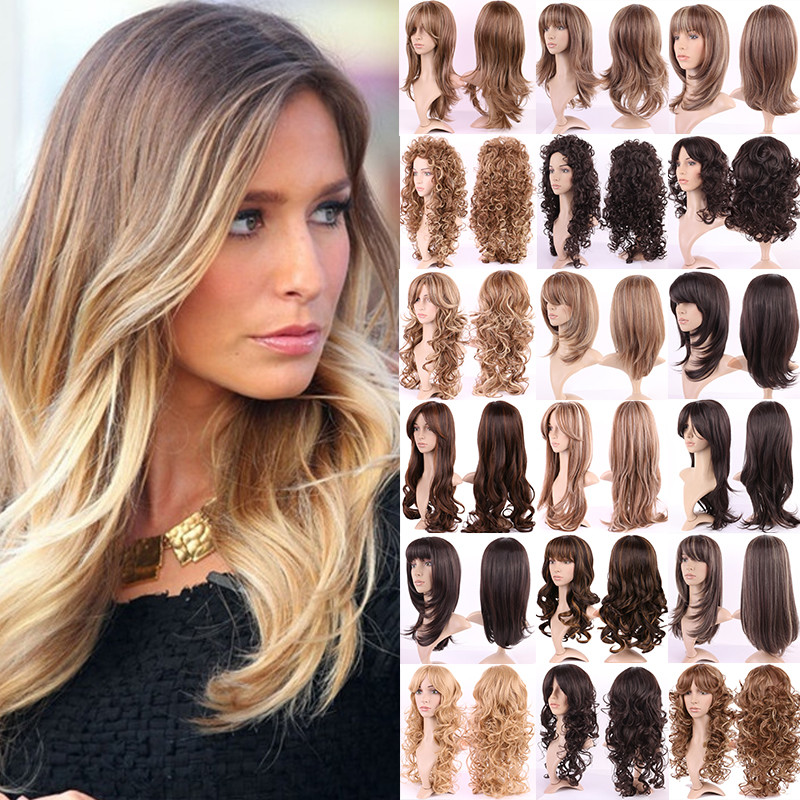 New Synthetic Hair Full Wig Glueless Long Wave Straight Highlight Blonde Brown