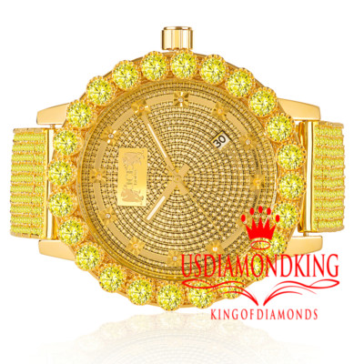 Pre-owned Khronos Canary Real Diamonds Mens Stainless Steel Gold Tone Custom Band Watch Solitaire