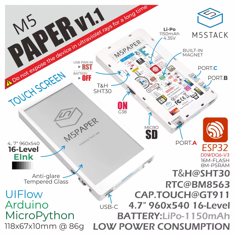 Official M5Paper ESP32 Development Kit V1.1 (960X540, 4.7" eInk display, 235 ppi