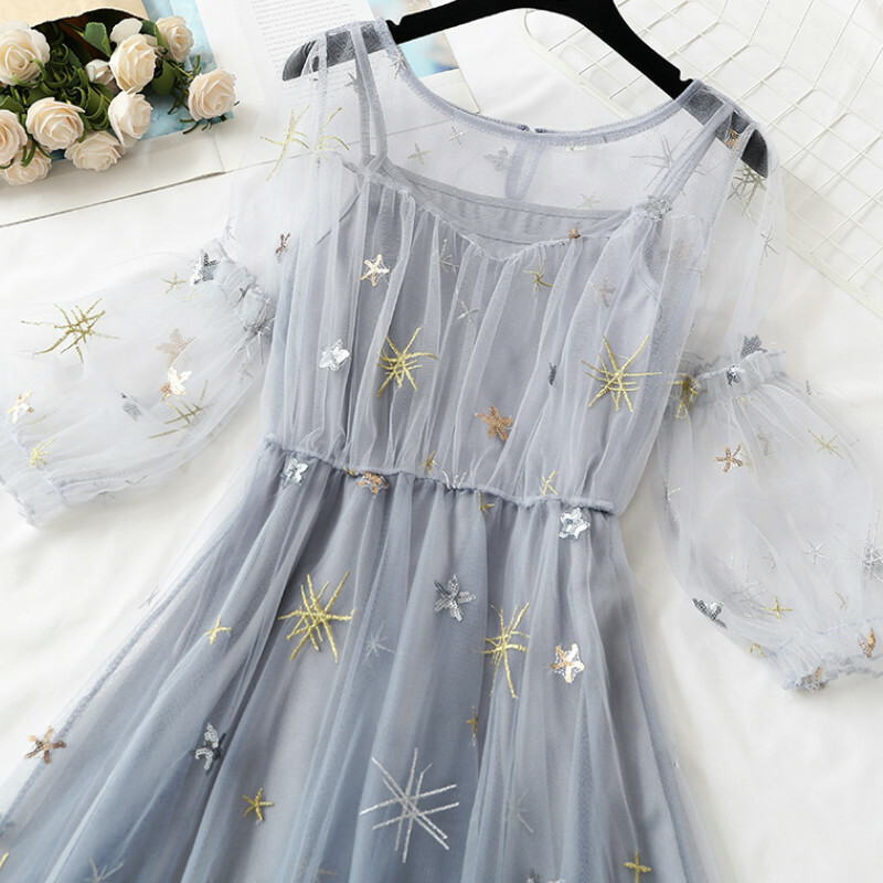 Damen Mädchen Midi Mesh Kleid Puffärmel Stern Pailletten Rüschen Vintage