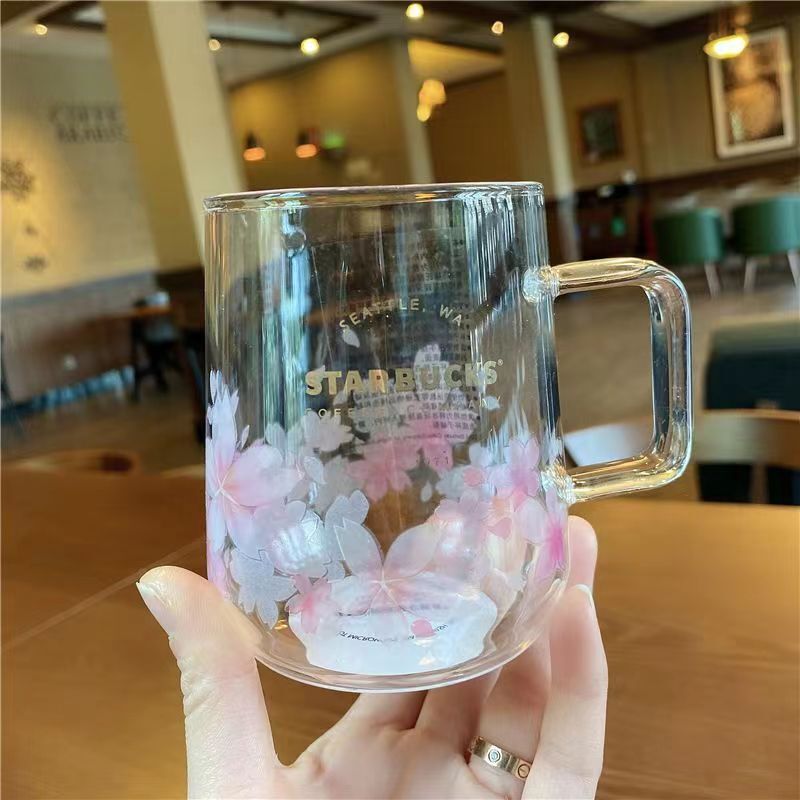 New Starbucks Pink Sakura Color changing Glass Coffee Mug Cup + Flower Stick