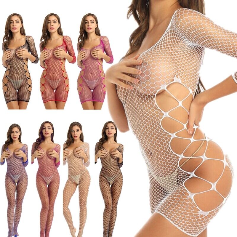 Sexy Womens Hollow Out Fishnet Mini Dress Babydoll Body Stocking Sleepwear 