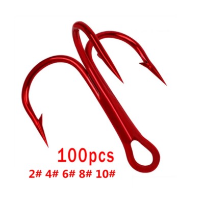 100pcs Fishing Treble Hooks Strong Sharp Round Bend for Lures Baits 4 Sizes Red