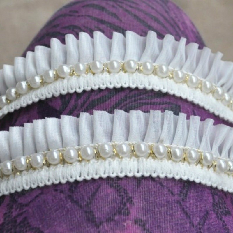 Beaded Mesh Ruffle Lace Trim Pearl Pleated Edge for Prom Dress DIY Sold By Yard