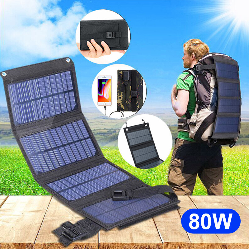 80W Foldable Solar Panel Power Bank Outdoor Hiking Camping Phone Charger USB