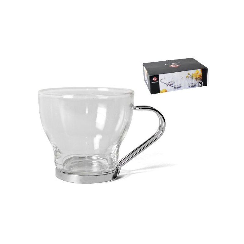Set Servizio 6 Tazze Tazzine Caffè In Vetro Trasparente Manico Acciaio 170ml sus