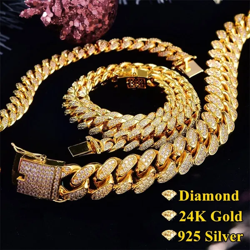 2019 Men'S Hip Hop Iced Out Bling Diamond Necklace or Bracelet 24K Gold Fashion Miami Cuban Link Chain Jewelry Gifts 8.26-28 Inch