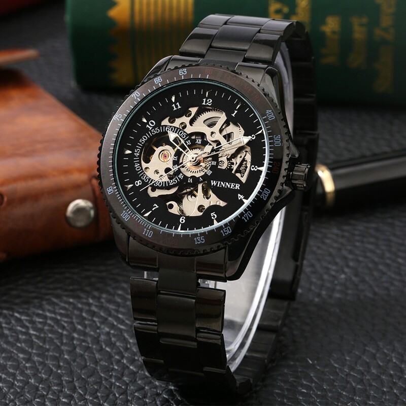 Luxury Winner Men's Business Automatic Mechanical Wristwatch Black Steel Band