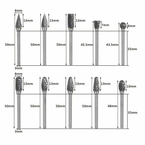 10pcs 1/8" Tungsten Carbide Burr Rotary Drill Bits Tools Cutter Files Set Shank
