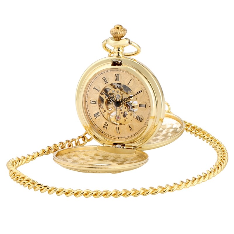 Men's Pocket Watch Mechanical Gold Case Double Half Hunter Hand