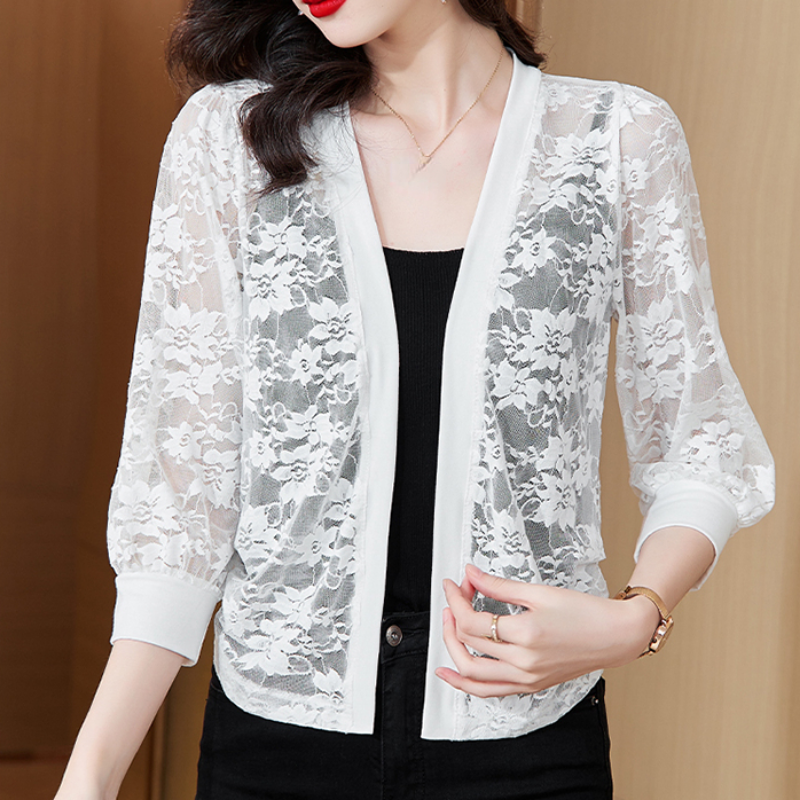 Cardigan Bolero In Pizzo Per Donne Crop Top A Maniche 3/4 Floreale Moda