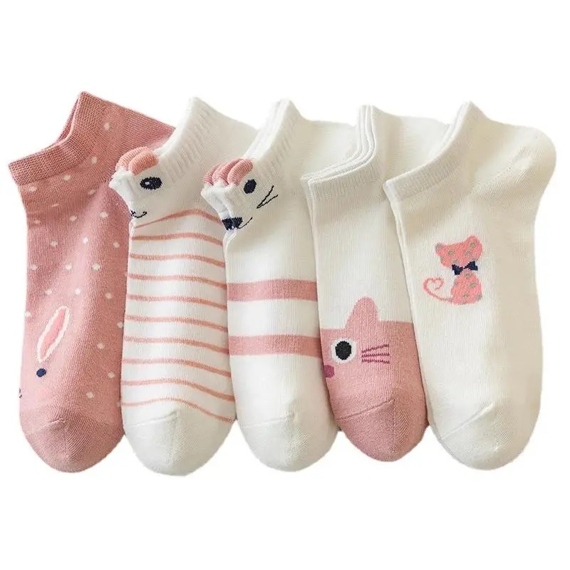 Women's 5 Pairs Kitty & Striped Socks, Sweet & Cute, Low Cut, Sz 5-9 - Pink