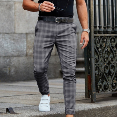 Mens Fashion Plaid Pencil Long Pants Business Casual Slim Fit Trousers Workwear