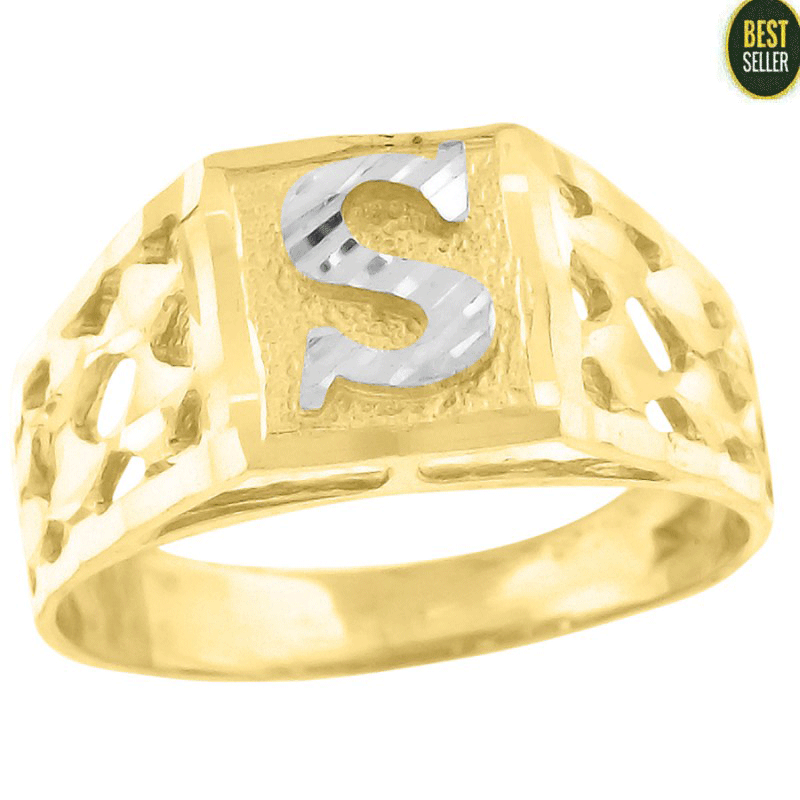 Pre-owned Letter Ring Real 10k Yellow & White Gold Initial Alphabet Letter S Fashion Boys Ring Gifts