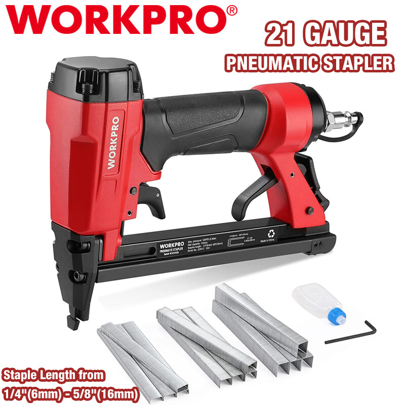 WORKPRO 8016 Pneumatic Staple Gun 21 Gauge Upholstery Stapler Set w/1500 Staples