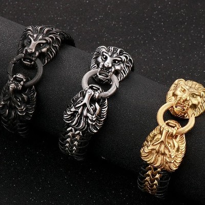 Vintage Gothic Double Wolf Lion Head Men's 23CM Braided Leather & Stainless