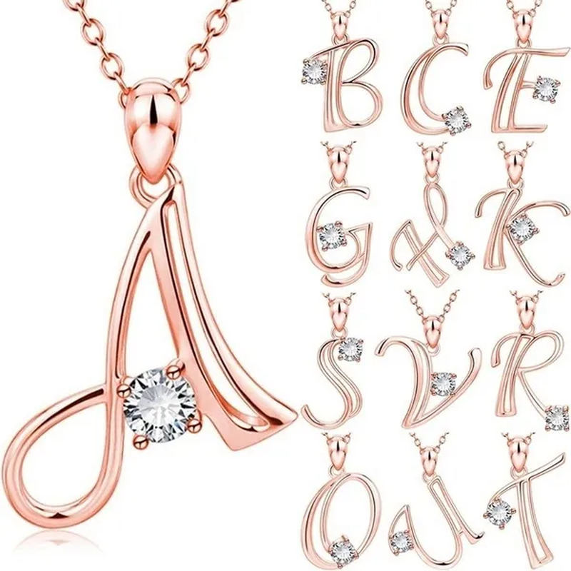 Rose Gold 26 Letters Necklace Alphabet Diamond Name Pendant Necklace Birthday Christmas Jewelry Gifts for Women Girls